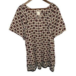 Como Woman Floral Print Tunic 3X 100% Cotton Short Sleeve Red/Black/White